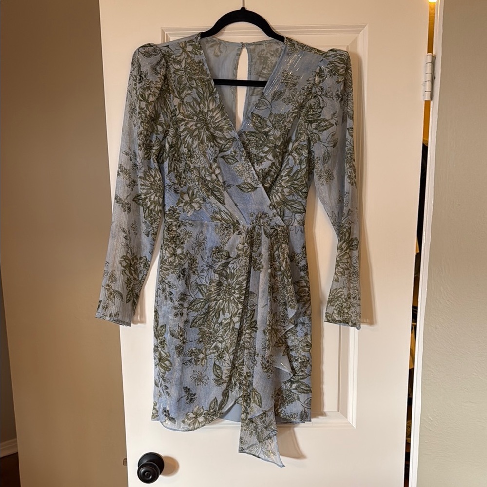 BCBGMaxAzria Long Sleeve Floral Dress in Blue and Green